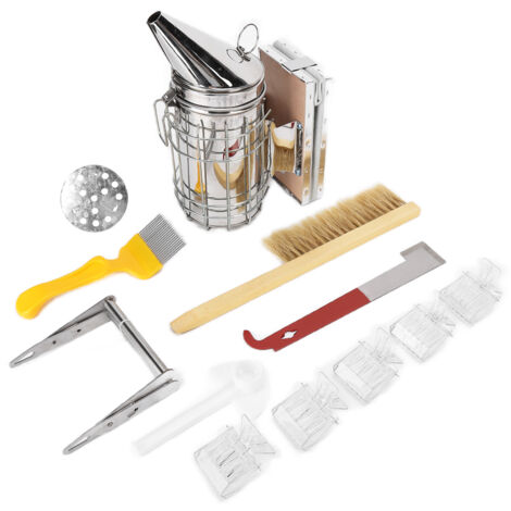 Kit de 11 pièces pour apiculture : enfumoir, brosse à abeilles, grattoir à aiguille jaune, pince à reine et grattoir à rayons