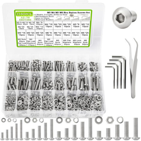 Kit de 1160 vis et écrous métriques argentés, comprenant les tailles M3, M4, M5 et M6, en acier inoxydable 304, avec tête hexagonale bombée.