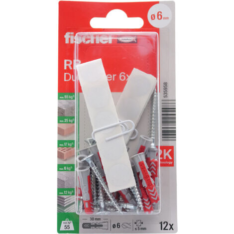 Kit de 12 chevilles Duopower Ø6 x 30 mm + vis + cache pour fixation étagères - Fischer