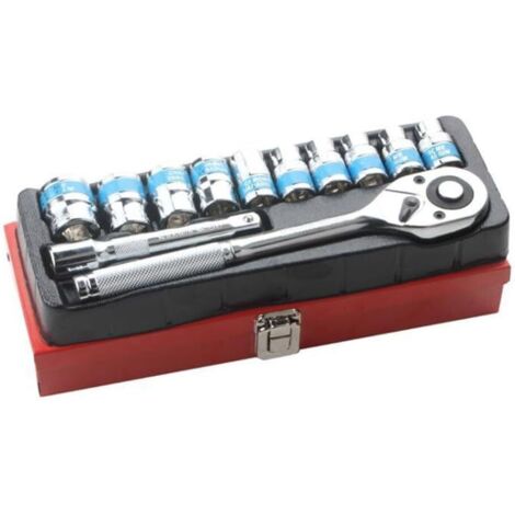 Kit de 12 clés à douille avec poignée cliquet forgée et barre d'extension pour un transfert couple constant dans les réparations -