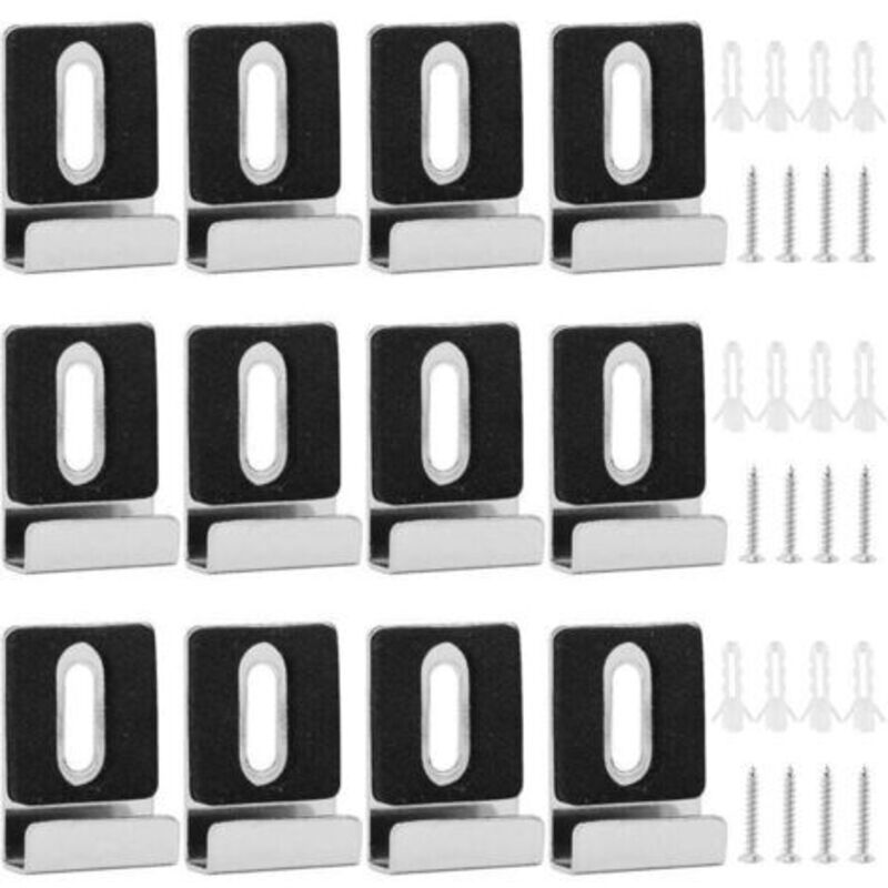Kit de 12 Pinces Miroir Métal, Clips de Miroir en Métal avec Vis Tampons en Caoutchouc Support de Miroir pour Montage Sans Cadre Affichage Mural