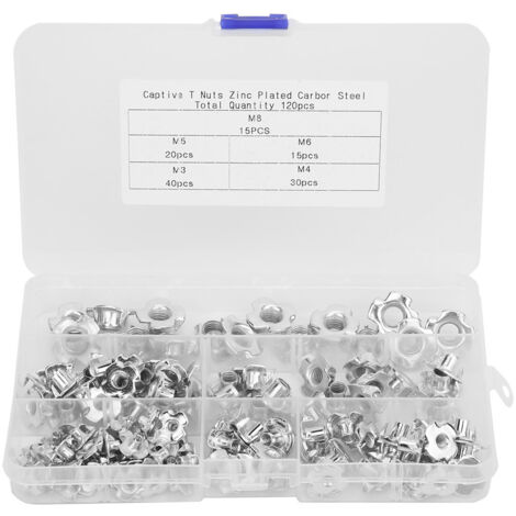 Kit de 120 Écrous T en Acier Galvanisé pour Bois et Mobilier - Set M3/M4/M5/M6/M8