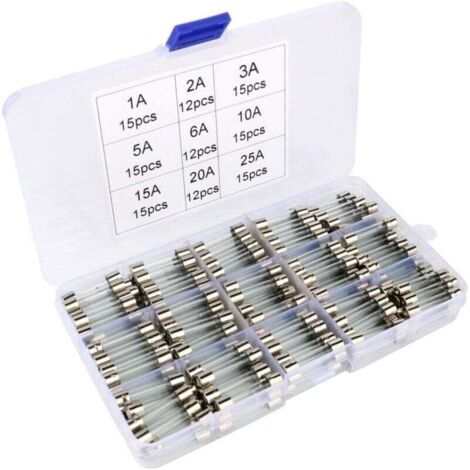 Kit de 126 fusibles de vidrio surtidos, 6 x 30 mm, de acción rápida, 1 A, 2 A, 3 A, 5 A, 6 A, 10 A, 15 A, 20 A y 25 A.