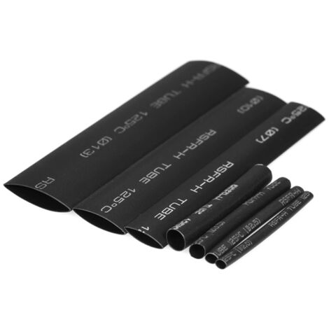 Kit de 127 gaines thermorétractables noires en polyoléfine sans halogène pour équipements électriques, avec rapport de rétreint 2:1, diamètres 2,0 à 13 mm.