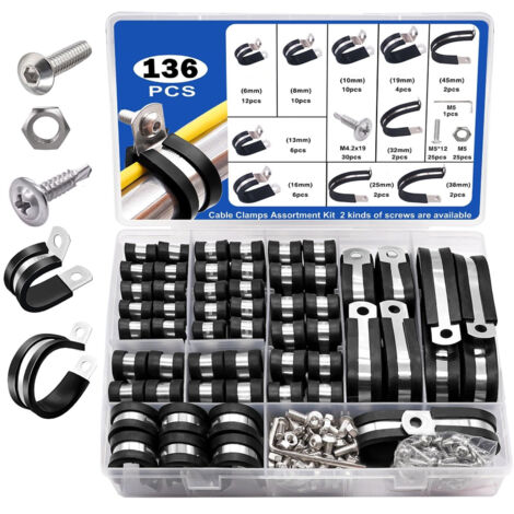 Kit de 136 colliers de serrage en caoutchouc et acier inoxydable 304 – 10 tailles de 6 à 45 mm – Protection contre vibrations et bruit