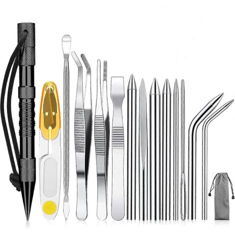 Kit de 14 outils pour paracorde : aiguille, outil de lissage, pointe Marlin, pour le tressage du cuir (noir).