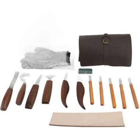Kit de 15 outils de sculpture de précision avec manche en noyer, comprenant un grattoir à bois, un outil de sculpture sur bois, une pierre à polir et à affûter, ainsi qu'une pierre à sculpter