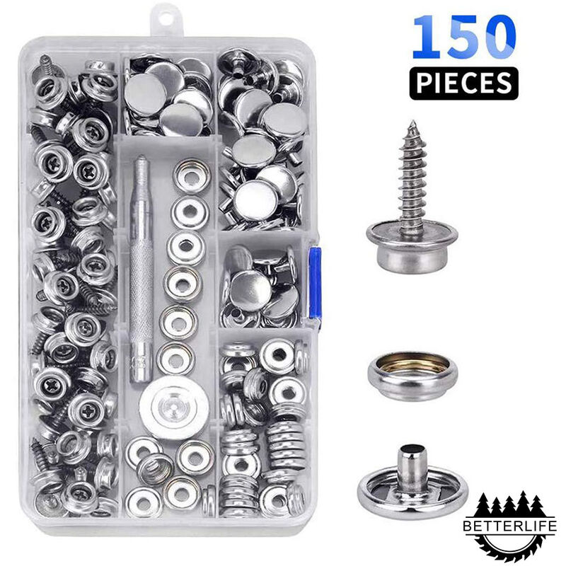 Kit de 150 boutons-pression en toile marine avec vis en métal pour bateau, douille de 9,5 mm avec 2 outils de réglage pour housse de bateau, meubles