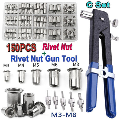 Kit de 150 Rivets Filetés Aluminium Moleté M3 à M12 avec Pince à Riveter Manuelle pour Assemblage Métallique