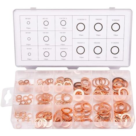 Kit de 150 rondelles en cuivre – 15 tailles M5 à M22 – Haute conductivité et résistance à la corrosion – Boîte de rangement incluse - 150pcs