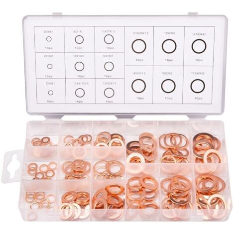 Kit de 150 rondelles en cuivre – 15 tailles M5 à M22 – Haute conductivité et résistance à la corrosion – Boîte de rangement incluse - 150pcs