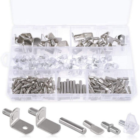 Kit de 160 broches d'étagère 6 styles en nickel - Piquets d'étagère en PVC - Piquets plats - Supports cylindriques en forme de L et chevilles pour armoires