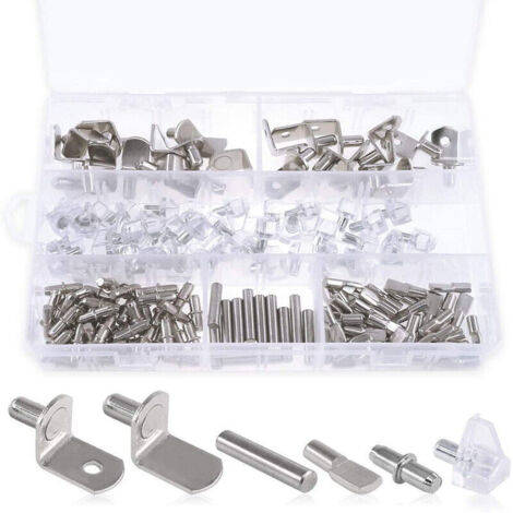 Kit de 160 broches d'étagère 6 styles en nickel - Piquets d'étagère en PVC - Piquets plats - Supports cylindriques en forme de L et chevilles pour armoires