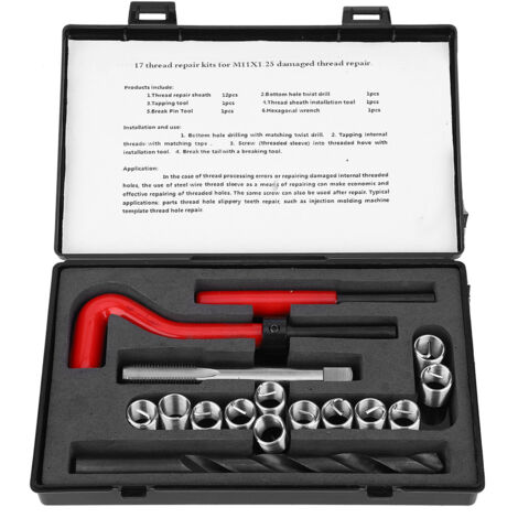Kit de 17 inserts filetés M11x1.25 pour réparation de filetage femelle, assortiment d'accessoires