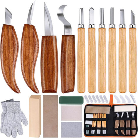 Kit de 17 Outils de Sculpture sur Bois Professionnels - Ciseaux à Graver & Gouges - Manche Carré Antidérapant - Pour Débutants & Experts