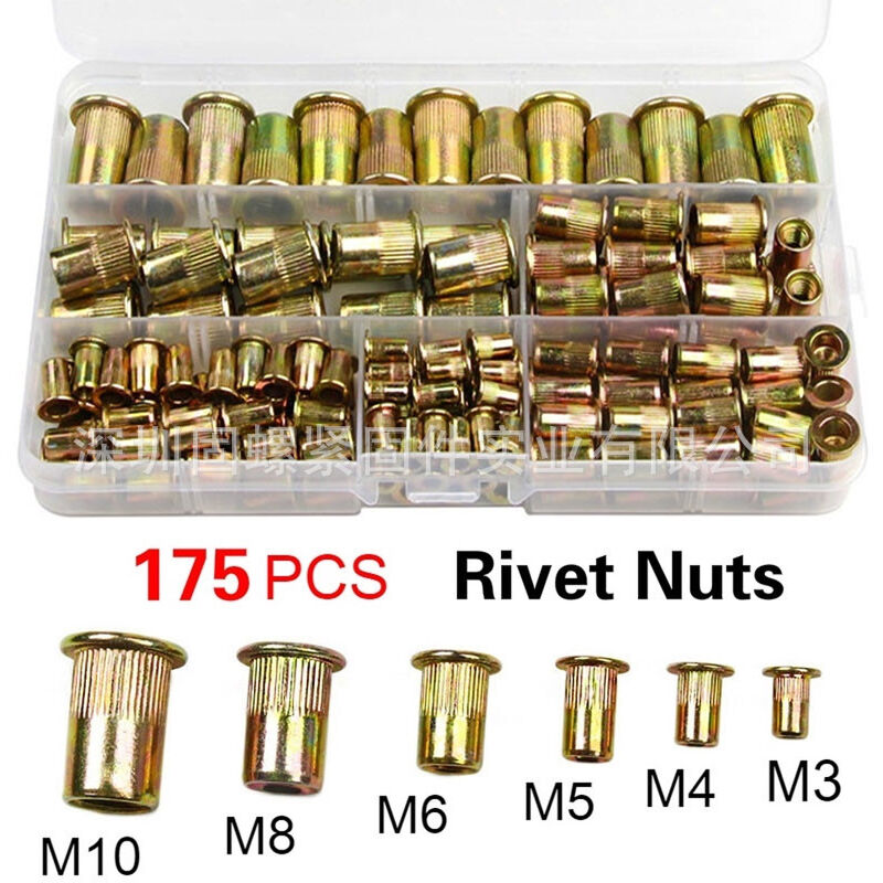 Kit de 175 écrous à riveter, ensemble de rivets filetés en acier au carbone plaqué zinc, assortiment d'écrous à rivets aveugles pour métal, bois,