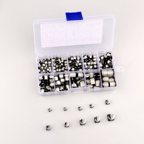 Kit de 180 condensateurs électrolytiques aluminium SMD, 10 valeurs 16-50V (1µF à 1000µF), rangement boîte plastique