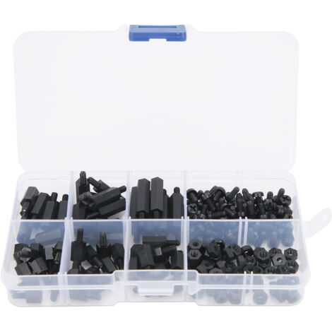 Kit de 180 pièces vis écrous nylon M3 noir, assortiment de supports pour fournitures industrielles.
