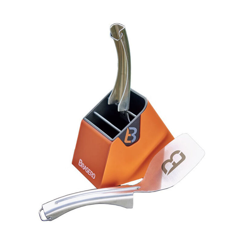 Brasero - Kit Spatules 2 spatules inox - 1 Support aimenté - Clean design - Orange