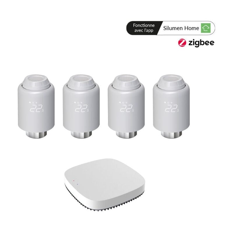 Kit de Têtes Thermostatiques Connectées Universelle + Passerelle ZigBee - Kit 4 têtes + 1 passerelle Silumen