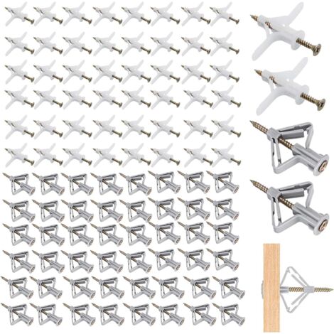 Kit de 200 chevilles et vis pour plaques de plâtre – 100 vis 3,5 x 50 mm – Bouchons d'expansion et papillon inclus – Fixation puissante