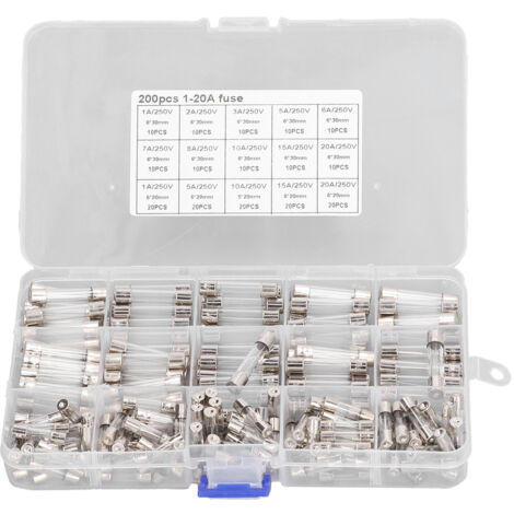 Kit de 200 fusibles en verre pour voiture, camping-car, bateau et camion - Assortiment 5x20mm et 6x30mm 250V