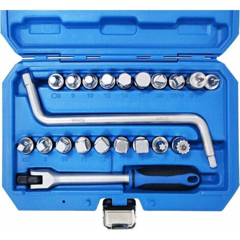 Kit de 21 pièces 3/8 pour bouchon de vidange d'huile avec douille à six pans creux triangle Torx Spline Bit, clé de 8-10mm pour bouchon de vidange d'huile Outil de réparation automobile