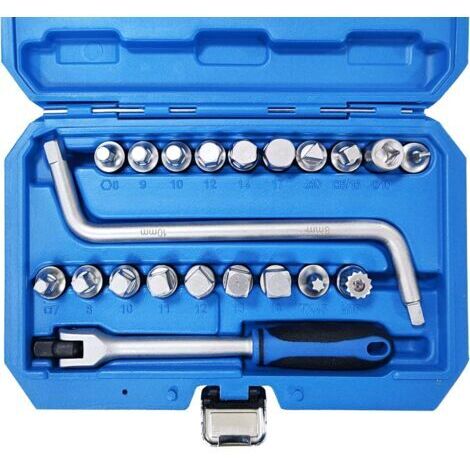 Kit de 21 pièces 3/8" pour bouchon de vidange d'huile avec douille à six pans creux triangle Torx Spline Bit, clé de 8-10mm pour bouchon de vidange d'huile Outil de réparation automobile