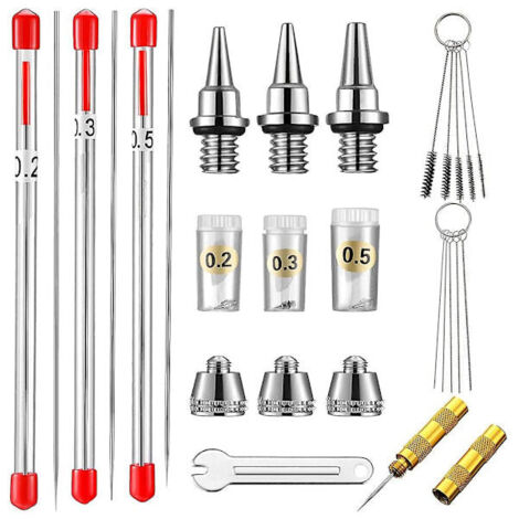 Kit de 21 pièces pour aérographe : buses et aiguilles de rechange, nettoyage.