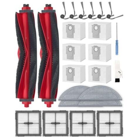 Kit de 24 pièces de rechange pour aspirateur robot Roborock Q10 S5+, comprenant : 2 brosses principales, 6 brosses latérales, 4 filtres HEPA, 6 sacs d'aspirateur, 4 lingettes de nettoyage et 1 brosse.