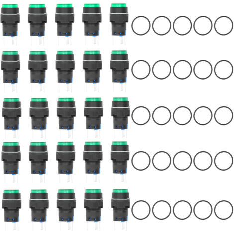 Kit de 25 interrupteurs à bouton momentanés autobloquants 5 broches 16 mm avec voyant lumineux 24 V pour équipements (vert)
