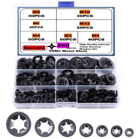 Kit de 260 rondelles frein à denture intérieure en étoile de calibre 7, avec système de fixation rapide par clip.