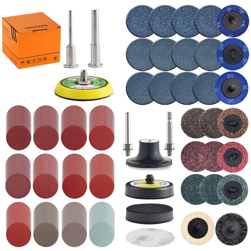 Kit de 270 disques de ponçage de 2 po pour accessoires d'outils de meuleuse de perceuse avec tiges arrière de 1/8 po et 1/4 po Planche, tampon de