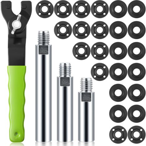 Kit de 28 écrous et clés pour meuleuse d'angle - Clé à écrou de blocage métallique à bride 5/8" -11 avec outil de tige de connexion à rallonge - Compatible avec Hitachi Metabo, 3" 4" 5,5"