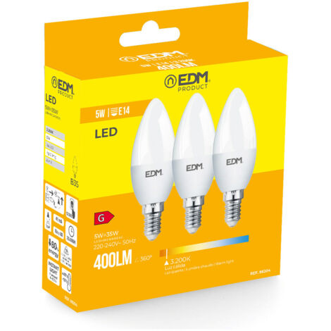 Kit de 3 Ampoules Bougie LED EDM E14 5W 400lm 3200K Lumière Chaude Ø3,6x10cm