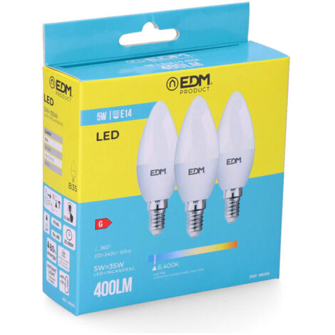 Kit de 3 Ampoules Bougie LED EDM E14 5W 400lm 6400K Lumière Froide Ø3,6x10cm