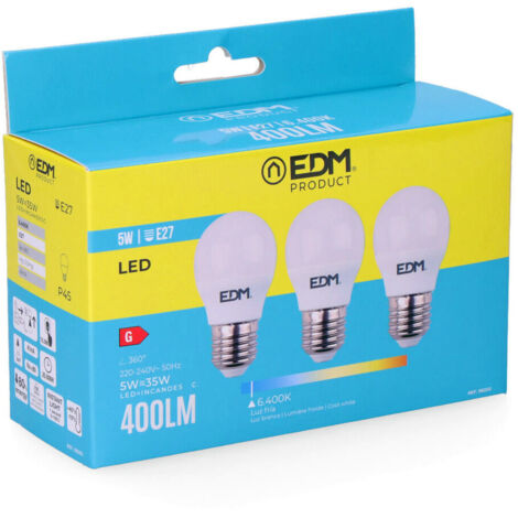 Kit de 3 Ampoules LED EDM Sphériques E27 5W 400lm 6400K Lumière Froide Ø4,5x8cm