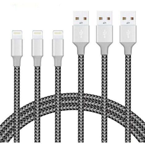 Kit de 3 cables Lightning de 1,8 m, cable de carga de nylon trenzado para iPhone, certificado MFI – Negro.