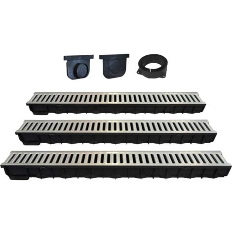 Kit de 3 Caniveaux Jardibric 3 mètres linéaire + 3 grilles + 2 obturateurs + 1connecteur Dim intérieur l 92mm x H 66mm Dim Extérieures de L 121 mm x H 84 mm Classe A15