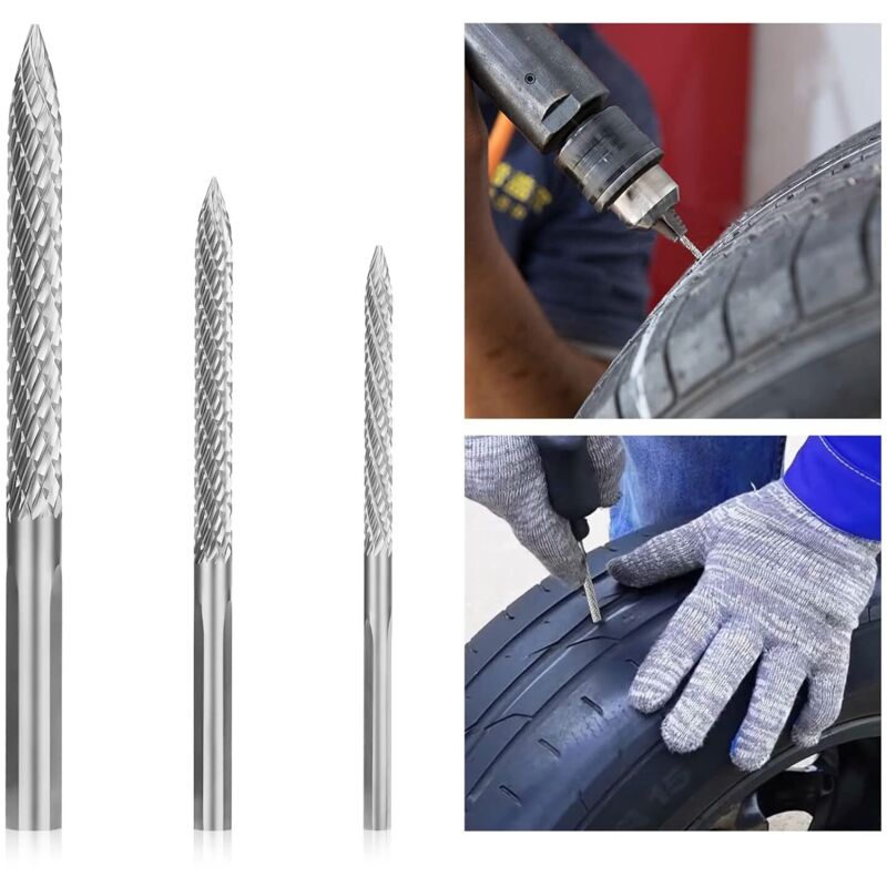 Kit de 3 forets en carbure de tungstène pour réparation de pneus - 3 mm, 4,5 mm, 6 mm - Outil de réparation de pneu automobile - Kit de réparation de