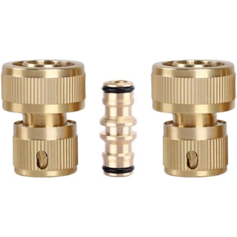 Kit de 3 piezas de conexión rápida de latón para mangueras de jardín de 3/4", 2 conectores rápidos de 3/4", 1 conector doble de latón, para mangueras de jardín