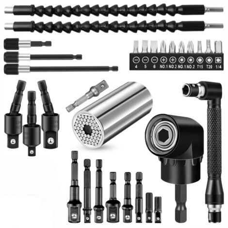 Kit de 30 rallonges flexibles pour forets, adaptateur de foret à angle droit 105°, adaptateur de douille hexagonale universel 1/2", 3/8" et 1/4", clé à douille rotative, tournevis porte-foret - argent