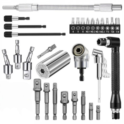 Kit de 30 rallonges flexibles pour forets, adaptateur de foret à angle droit 105°, adaptateur de douille hexagonale universel 1/2", 3/8" et 1/4", clé à douille rotative, tournevis porte-foret - argent