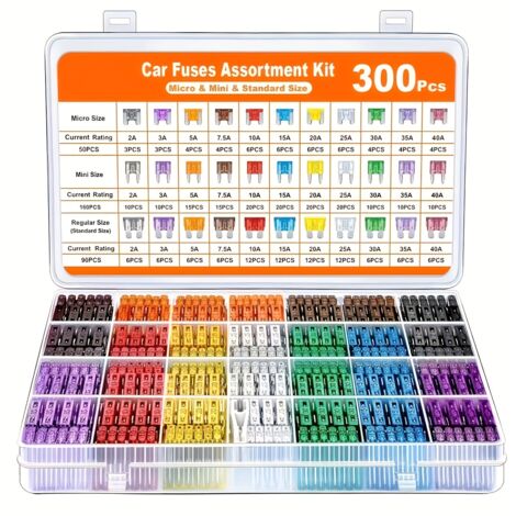 Kit de 300 fusibles pour voiture, comprenant 160 mini-fusibles, 90 fusibles standard, 50 micro-fusibles et 1 extracteur de fusibles. Alliage d'aluminium, couleurs assorties, non chargés.