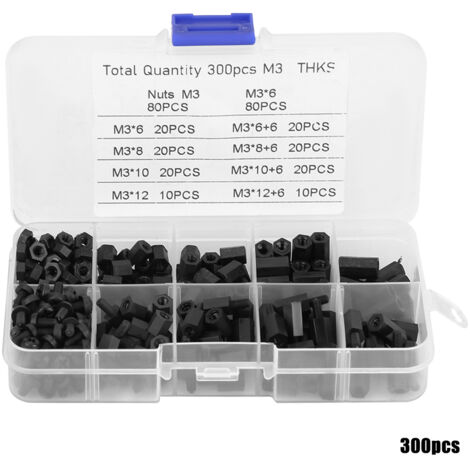 Kit de 300 pièces M3 Écrous et Vis à Colonnes Noir avec Boîte de Rangement