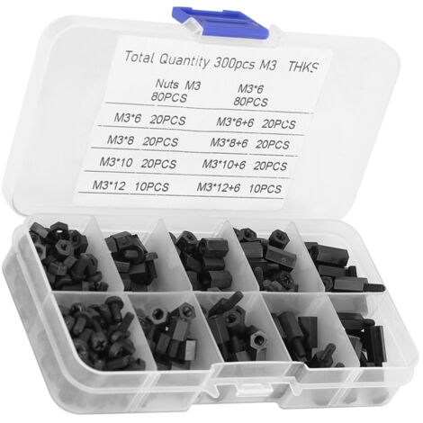 Kit de 300 pièces M3 Écrous Vis Entretoises Noires avec Boîte de Rangement