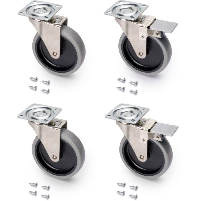 Lot de 4 roulettes Slip 2 avec plétine de montage, diamètre 100mm, Acier et Plastique, Plastique gris - Emuca