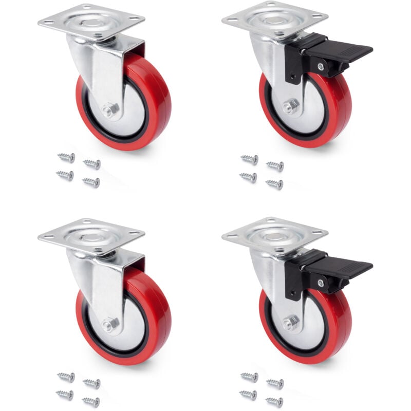 Emuca Lot de 4 roulettes Slip 2 Red avec plétine de montage, diamètre 75mm, Acier et Plastique