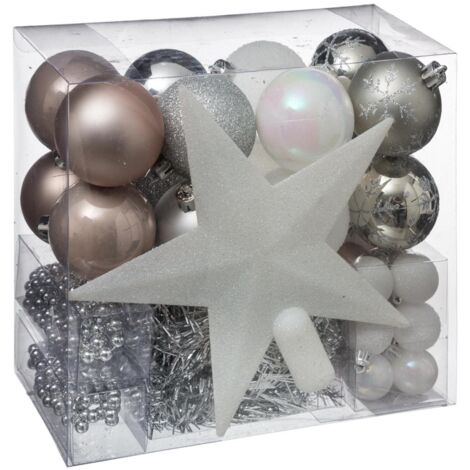 Kit de 44 Décorations de Sapin de Noël Thème Rose, Gris et Blanc – Boules, Figurines et Accessoires, Livraison Gratuite