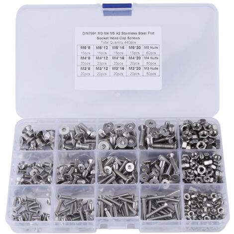 Kit de 440 vis et écrous à tête plate hexagonale creuse en acier inoxydable M3, M4 et M5